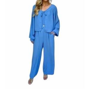 NEW CAROLE'S COLLECTIONS twill pant set tie front in blue
